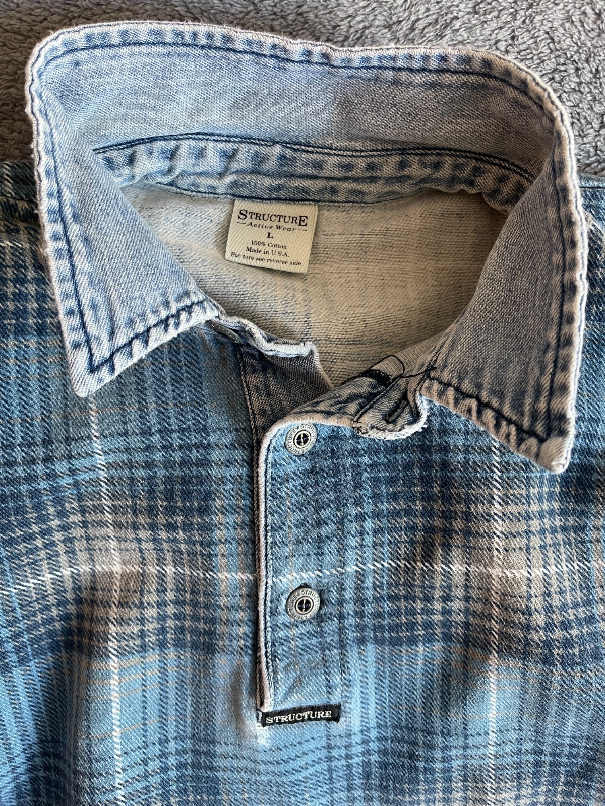 Vintage Structure Flannel Shirt L Blue Plaid Denim Collar Made in USA 90s