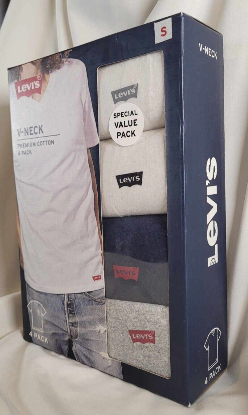 Levi&rsquo;s 4 Pk V-Neck T-Shirts S White Navy Gray Premium Cotton Levis FREE SHIPPING