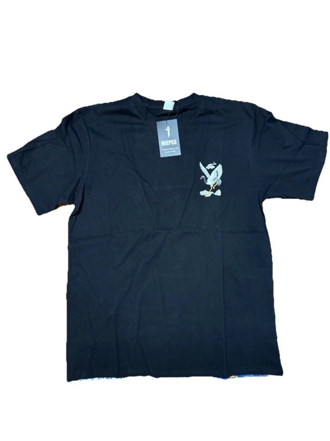 NIEPCE Men&rsquo;s Japanese Crane And Waves Black Graphic T-Shirt Tee Streetwear