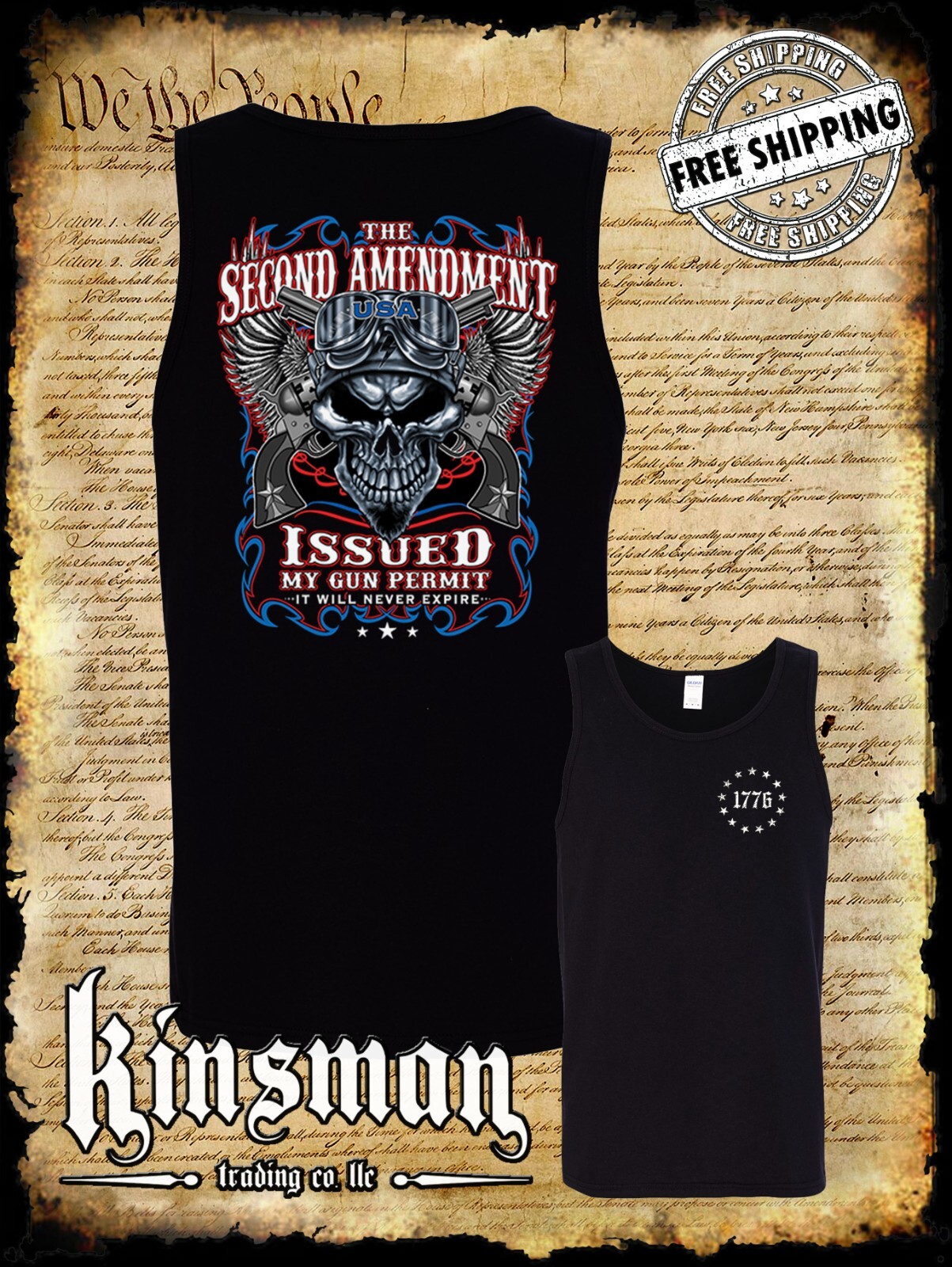 2nd Amendment Issued My Gun Permit 2-Sided Tank Top T-Shirt Skull Biker USA
