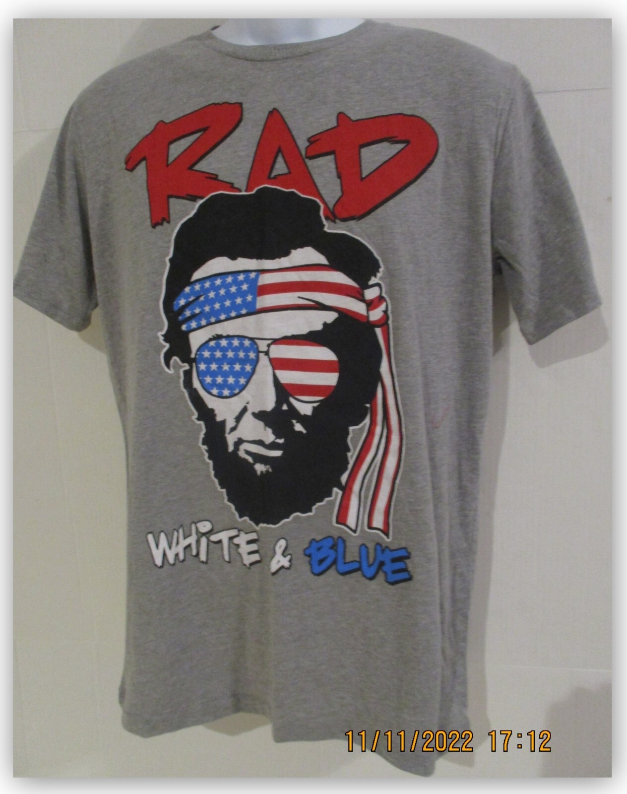 MAD Engine RAD White & Blue USA Flag T-shirt Men&rsquo;s GRAY Biker Hippie Crewneck