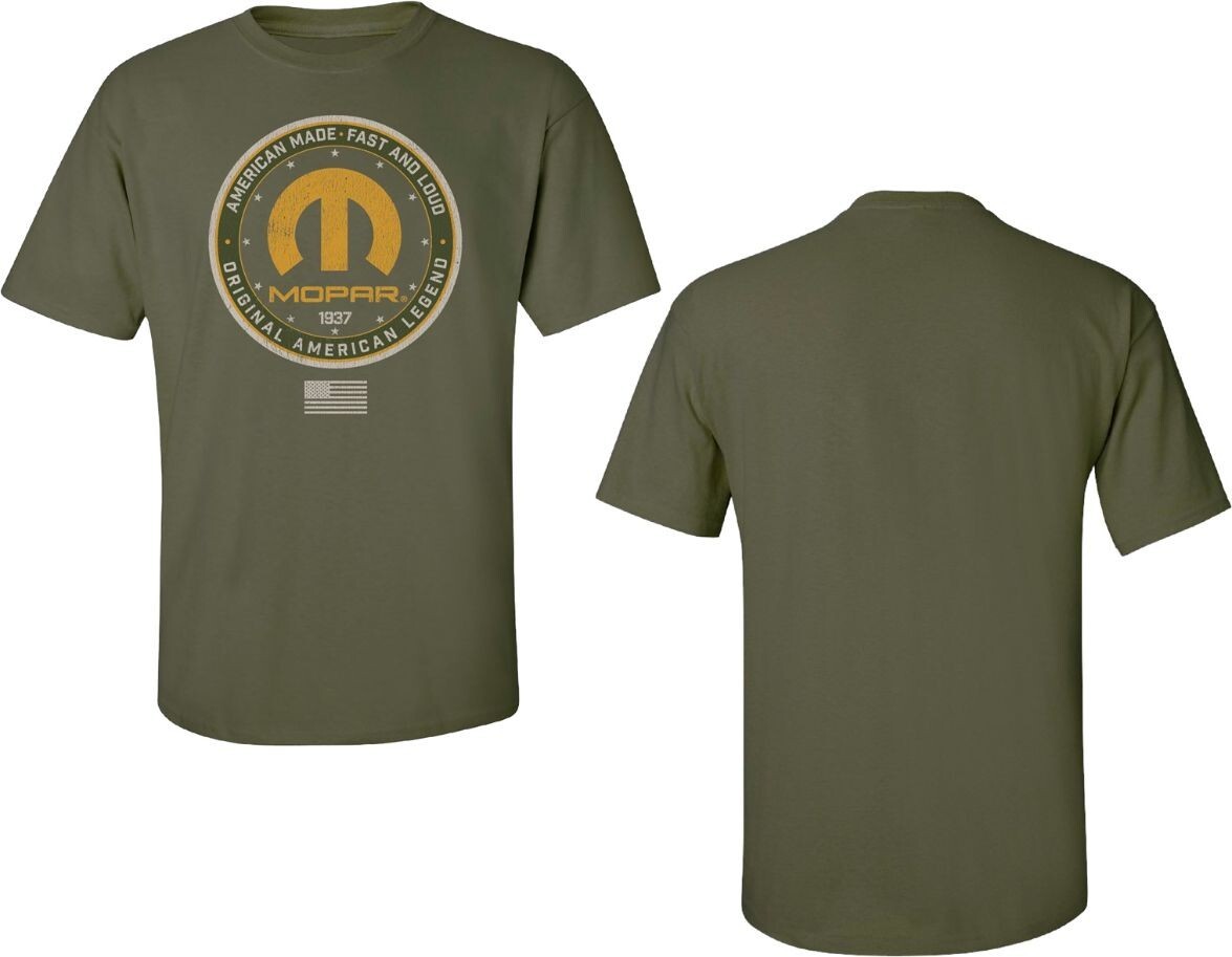 CHECKERED FLAG SPORTS MOPAR 1937 MEN&rsquo;S MILITARY GREEN DISTRESSED TEE SHIRT E1681