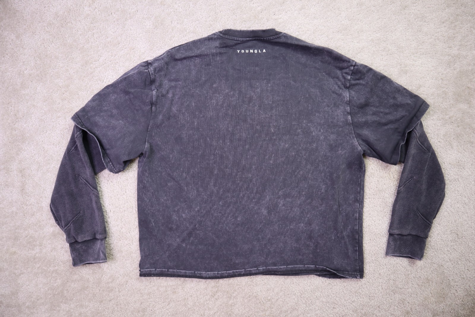 Youngla Shirt Mens Large Shadow Twofer Longsleeves Charcoal Wash Cotton