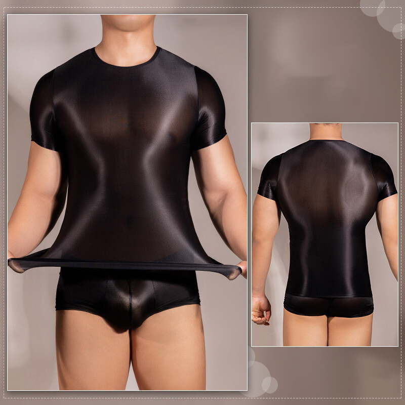 Men Sexy Sheer Oil Shiny Elastic Tops Muscle Tank Vest Gym Tshirt Clubwear