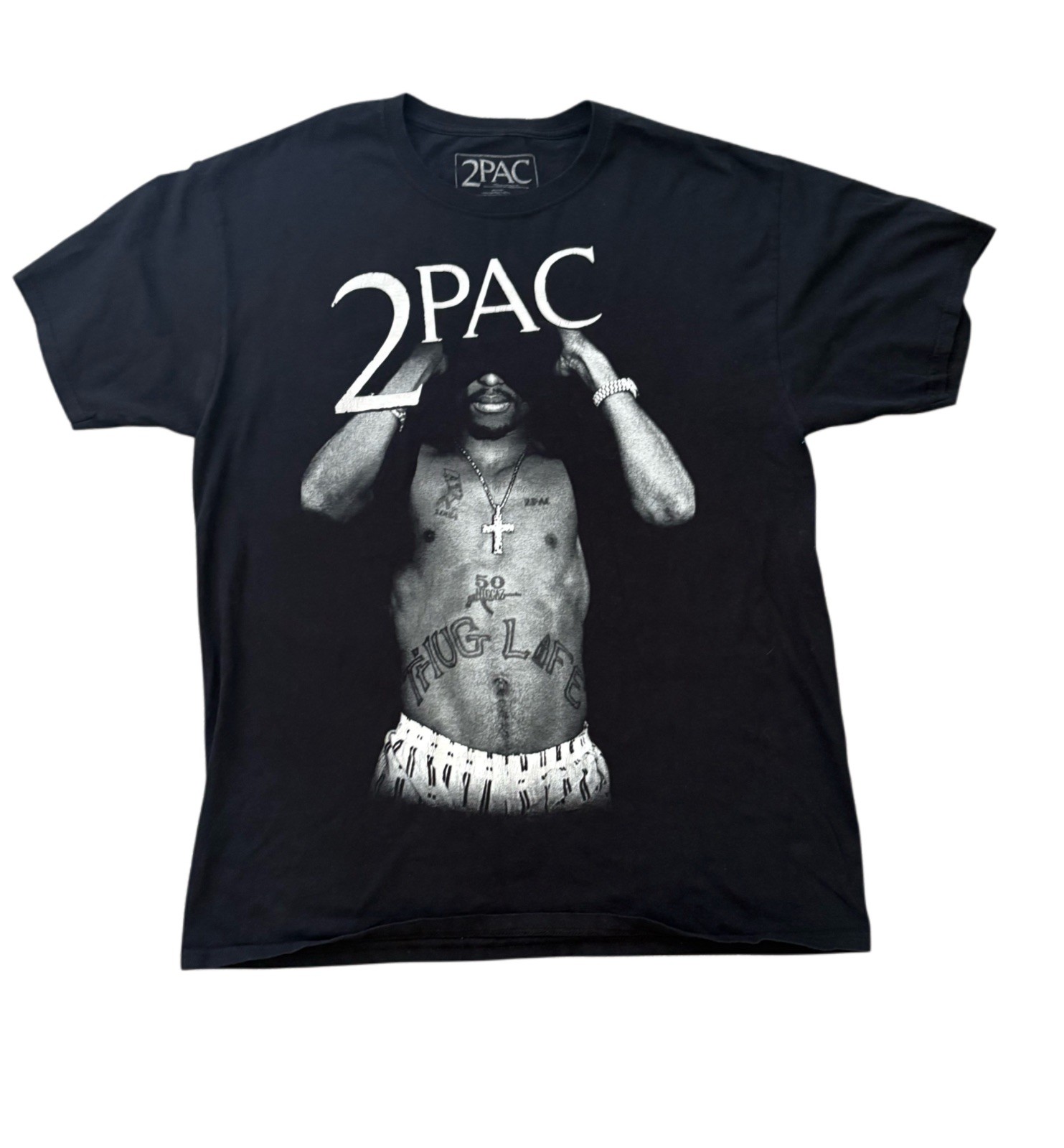 2PAC Tupac Mens Graphic Tee Black T-Shirt Thug Life Fade Hip Hop Rap Size L