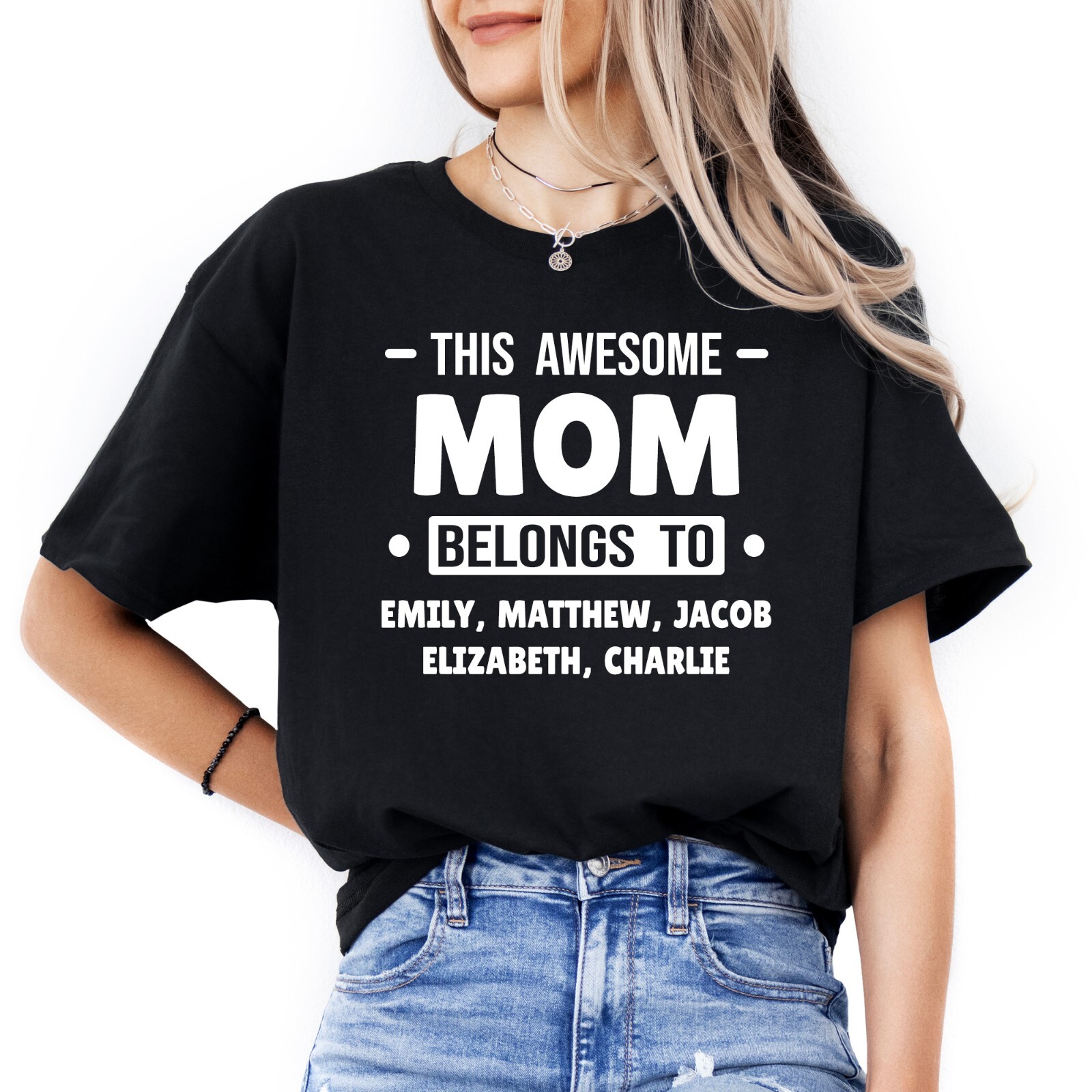 Custom Mom T-shirt with Kids Names Personalized Mommy Gifts Mothers Day shirt
