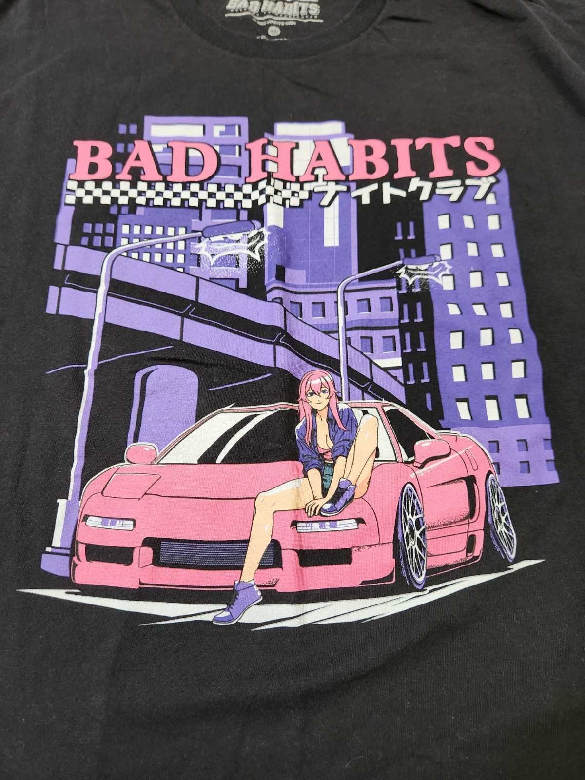 Bad Habits Anime Pink Car 2024 Black T-Shirt XL