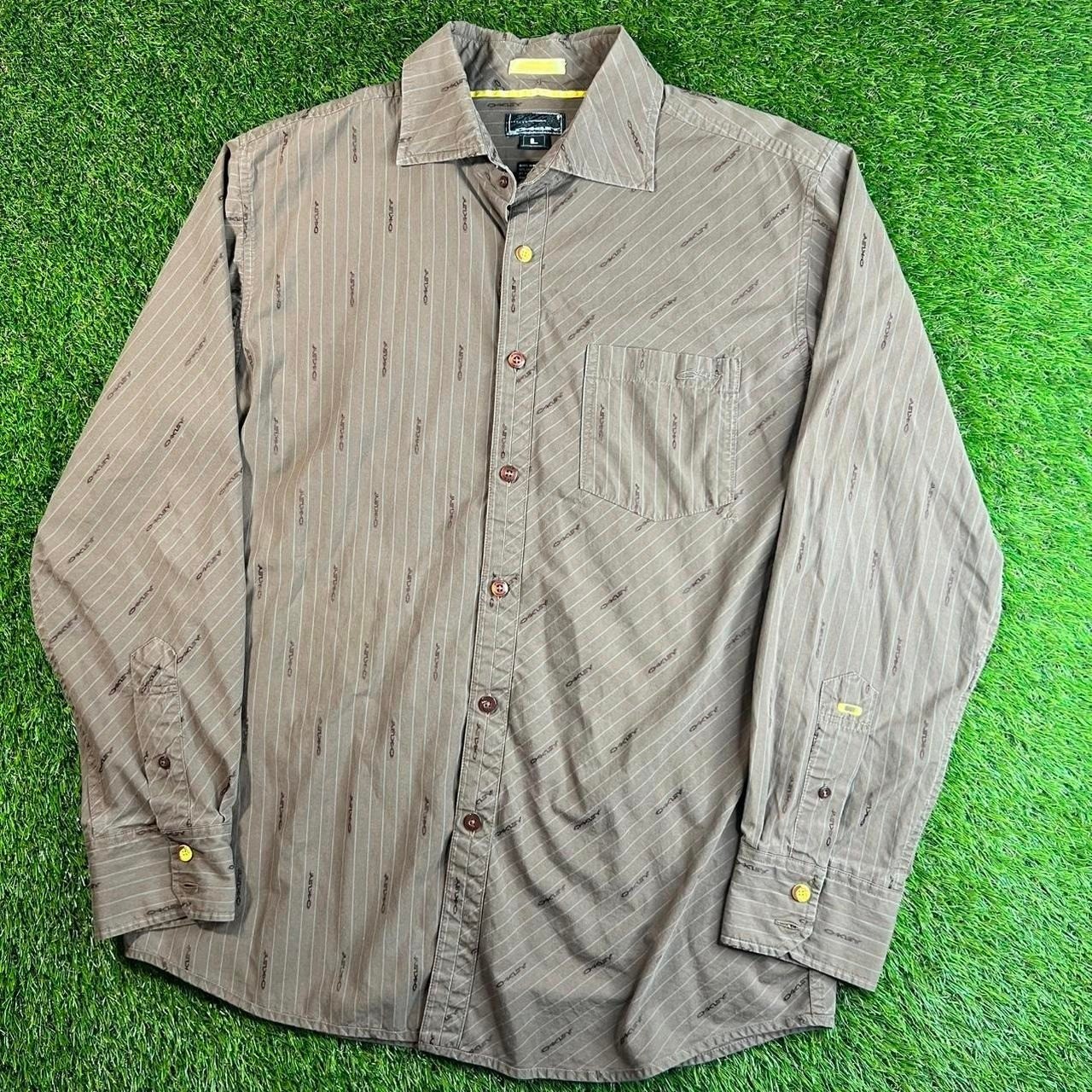 Vintage Oakley Logo Print Button Up Shirt Brown Stripe Y2K Mens Large Skate