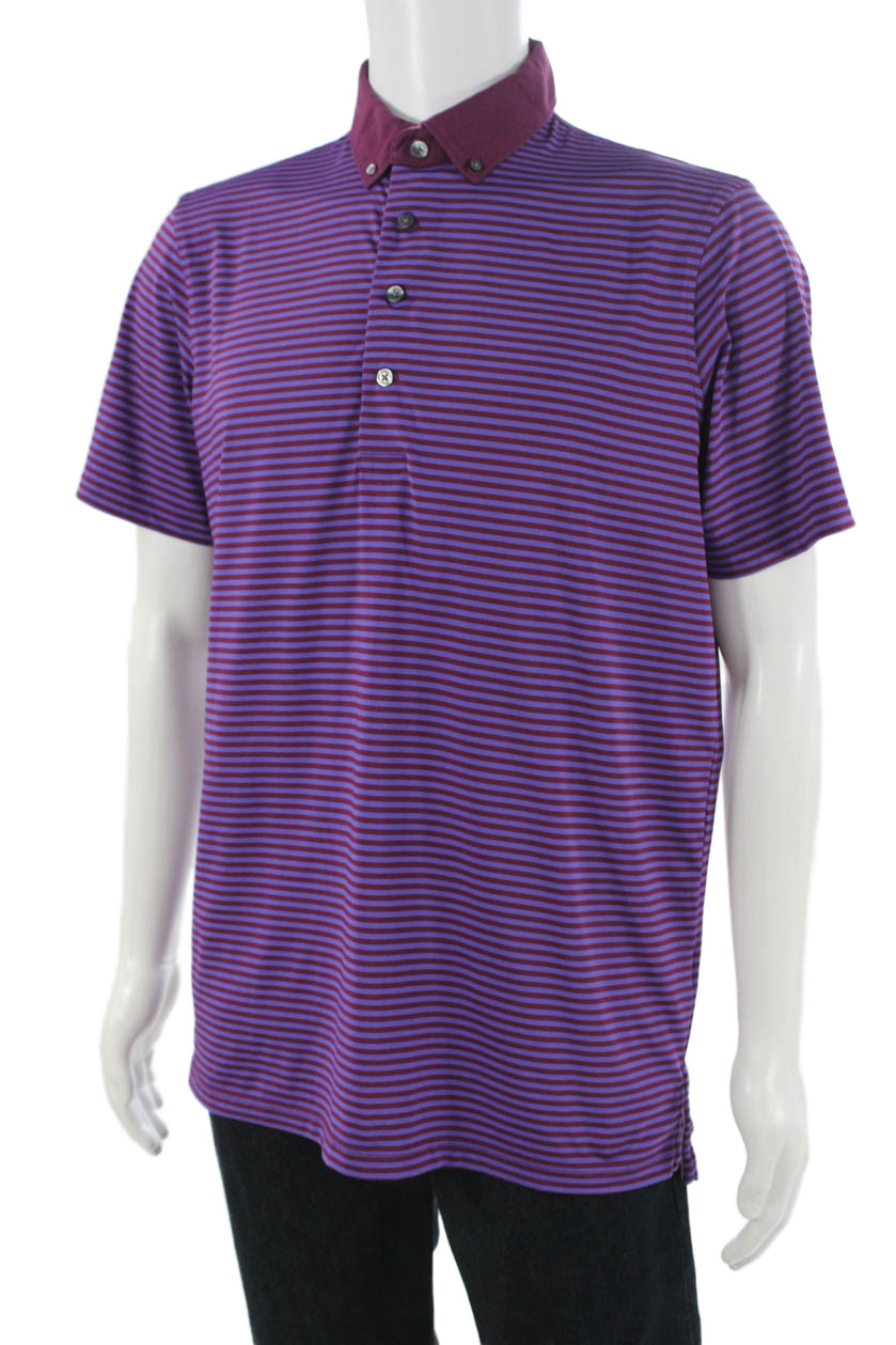 Greyson Mens Polo Button-Down Purple Striped Collared Short Sleeve Size M