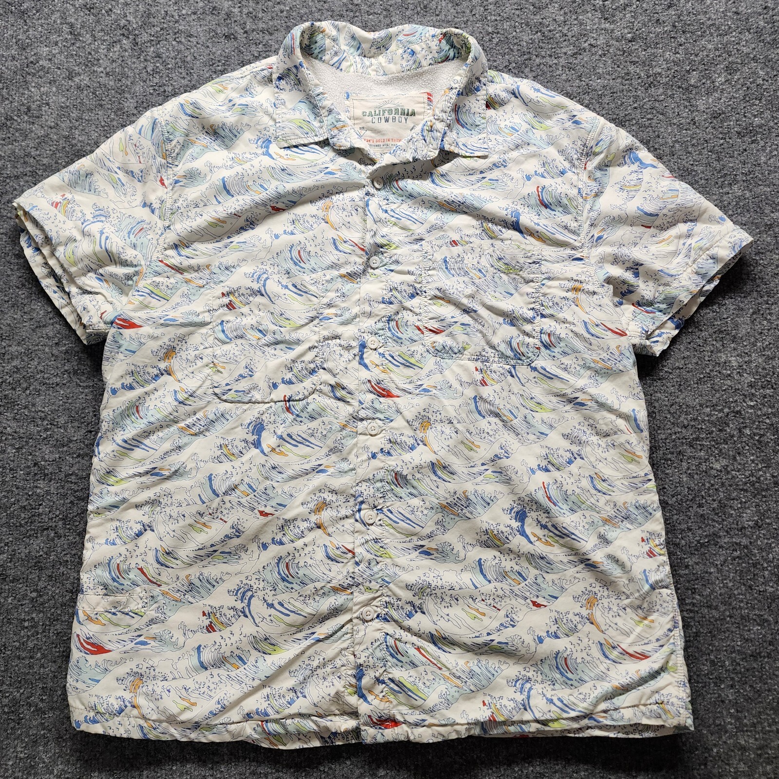 California Cowboy Mens High Water AOP Ocean Waves Terry Lined Button Shirt Large