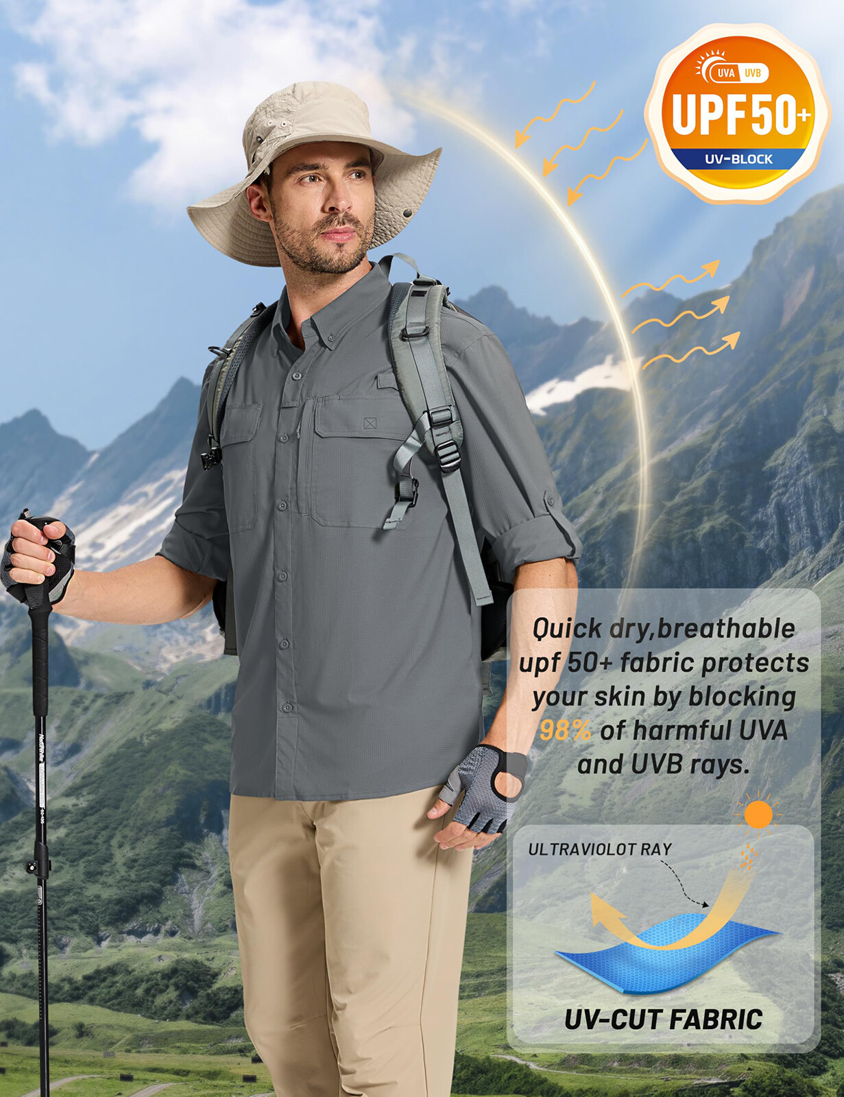 Mens Fishing Shirts Long Sleeve Sun Protection UPF50+ Quick Dry Button Down Tops