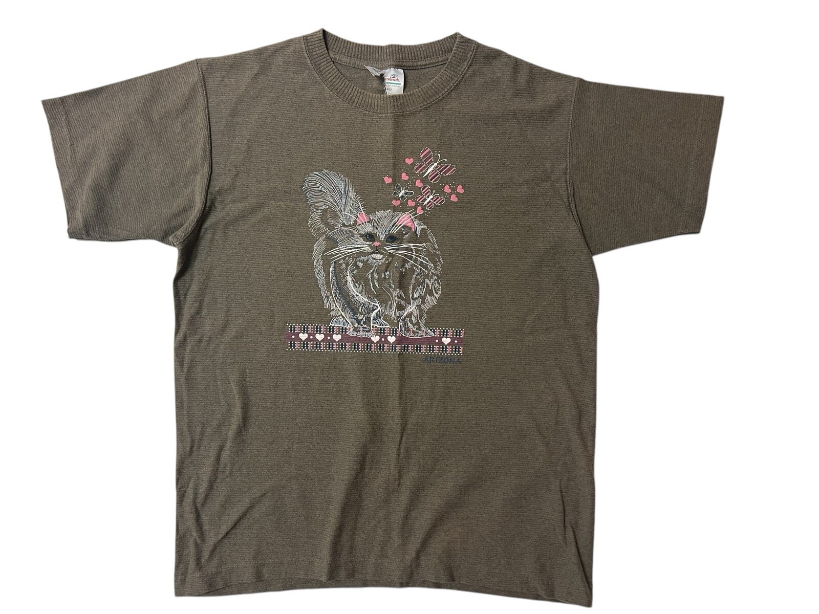 Vintage Cat Shirt Hearts Shirt Adult L Puff Print Brown Taupe Ribbed USA