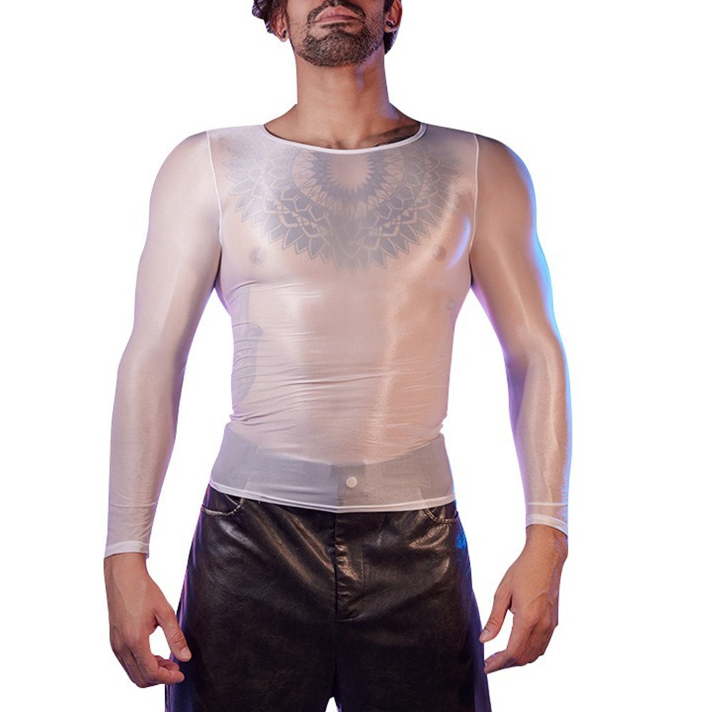 Sexy Lingerie Men&rsquo;s Oil Shiny Long Sleeve Sheer Tights O Neck Top Shirt