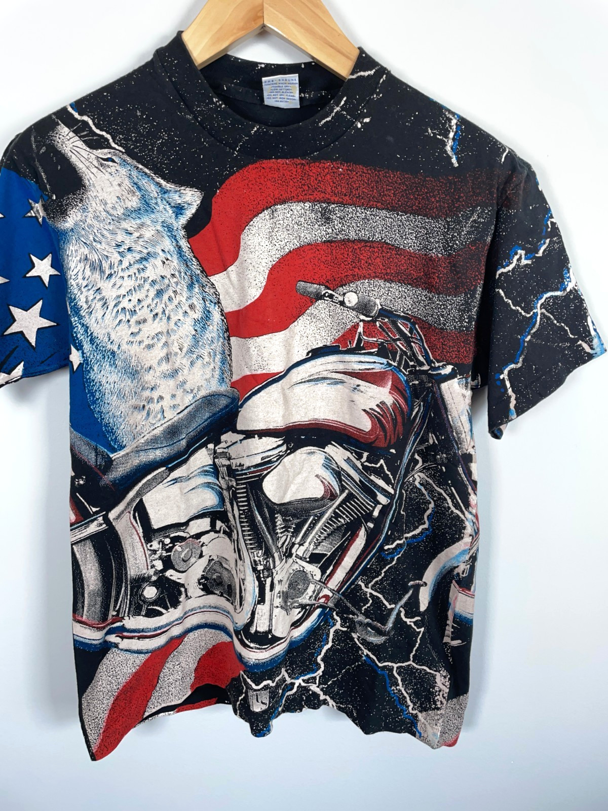 90s AOP Wolf Motorcycle American Flag T-Shirt Adult Medium Single Stitch 1994