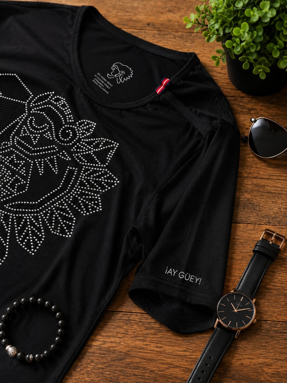 ¡AY GÜEY! Black Rhinestone Aztec Skull Eagle T-Shirt