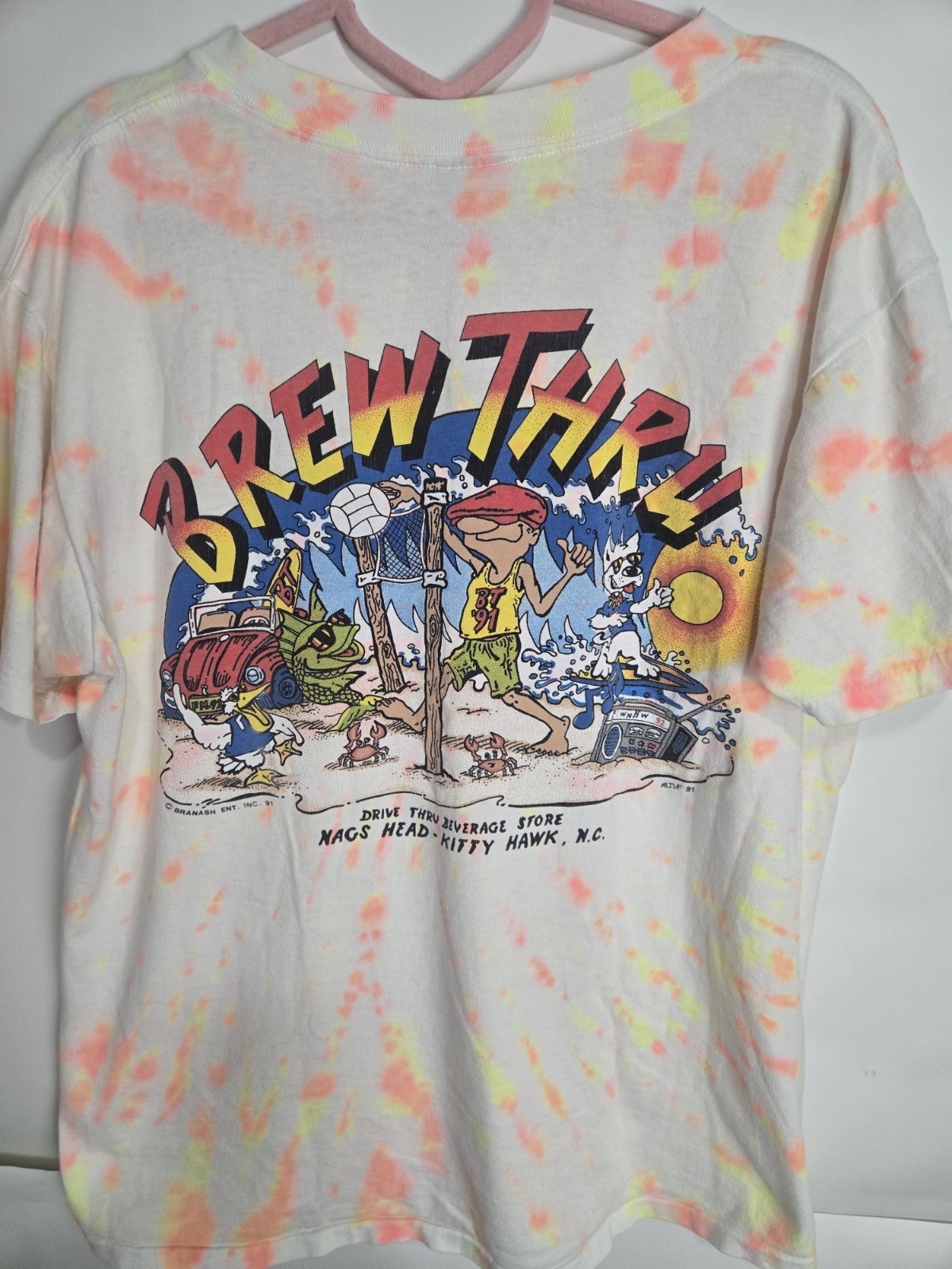 Vintage 90s Brew Thru Kitty Hawk Nags Head Nc T Shirt L Tie Dye Single Stitch