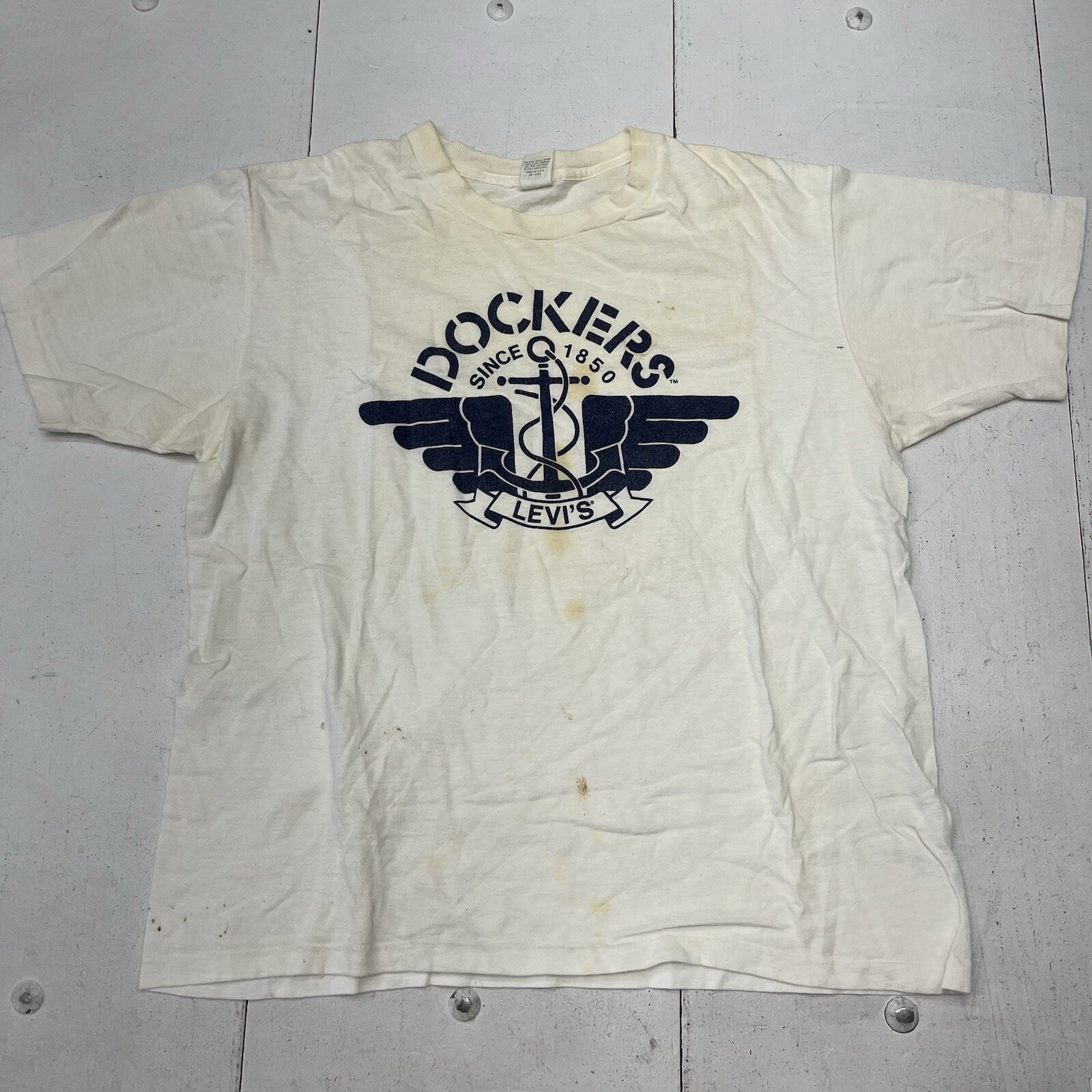 Vintage Heavy Weight White Dockers Levi’s Front Graphic T-Shirt Cotton Adult L