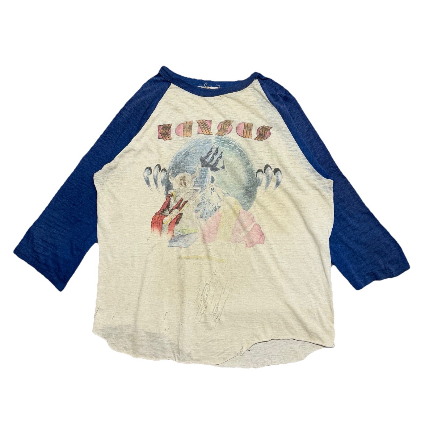 Vintage Kansas Band Raglan T Shirt 1970s Blue White Concert Rock XL USA