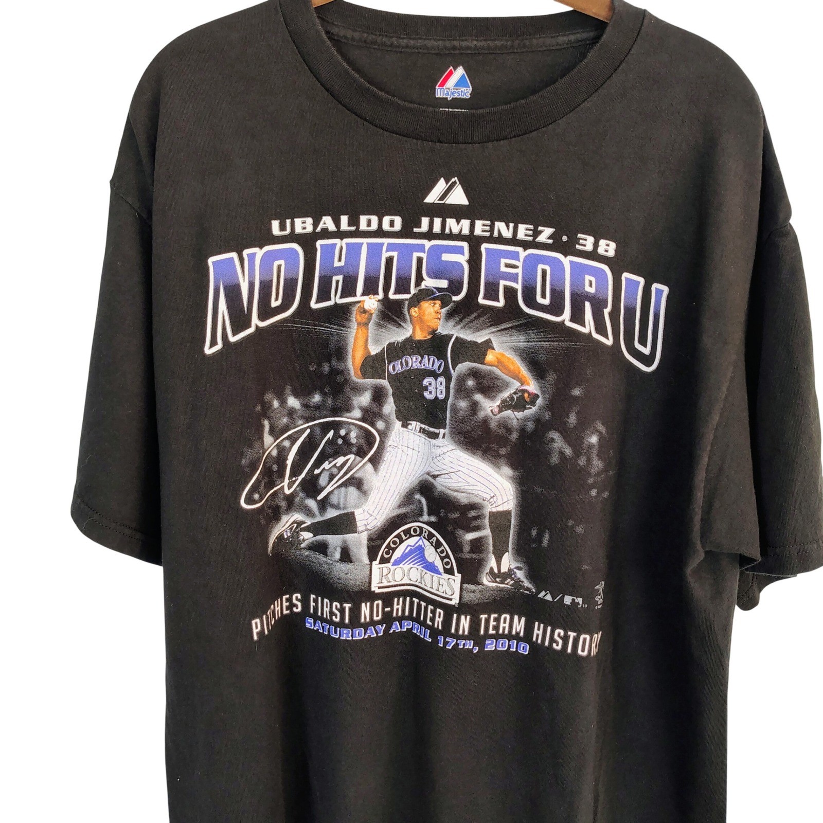 Majestic Ubaldo Jimenez Colorado Rockies No-Hitter T-Shirt Black Mens Large