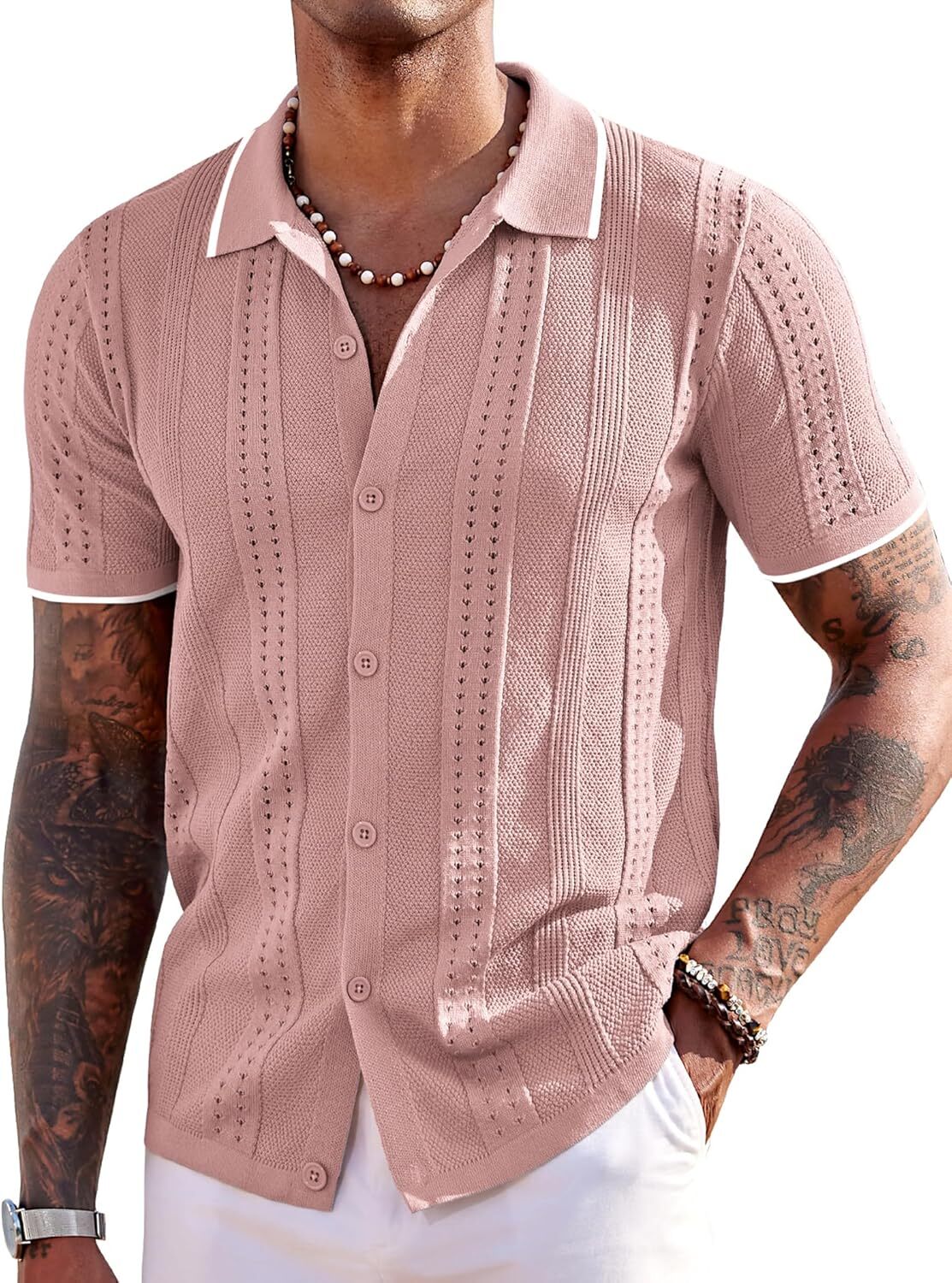 Men&rsquo;s Short Sleeve Button Down Polo Shirt – Knit Fabric Casual Summer Beach Tops