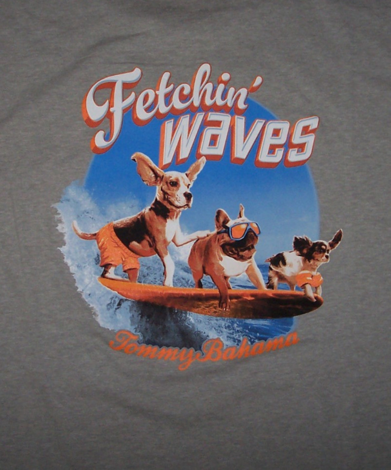 NWT Tommy Bahama Gray Heather FETCHIN&rsquo; WAVES Surfing DOGS Tee T-Shirt Men&rsquo;s L