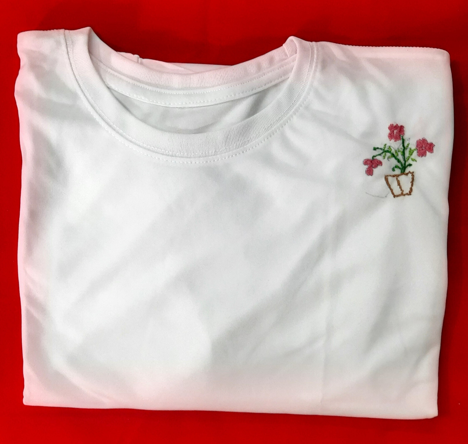 Hand Embroidered T-Shirt with Floral Vase Design – Unisex, Casual Wear Free Ship