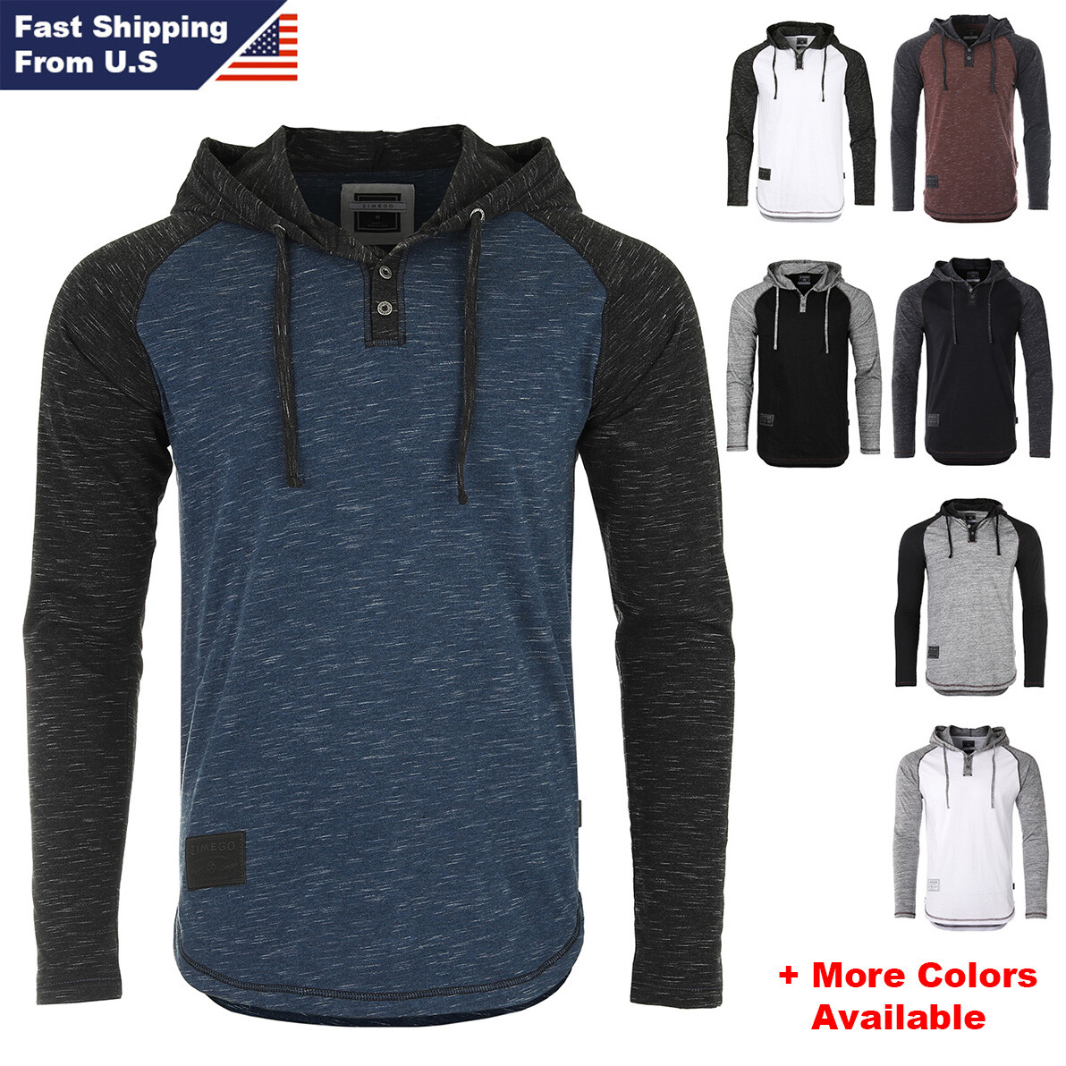 ZIMEGO Men&rsquo;s Long Sleeve Raglan Henley Hoodie Round Bottom Semi Longline T-Shirt