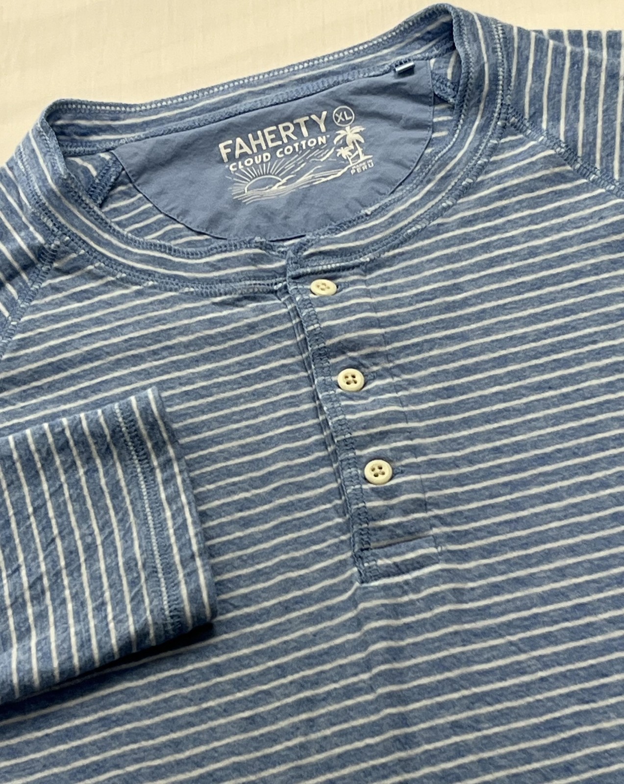 Faherty Shirt Mens XL Blue Striped Long Sleeve Cloud Cotton Henley Tee Casual