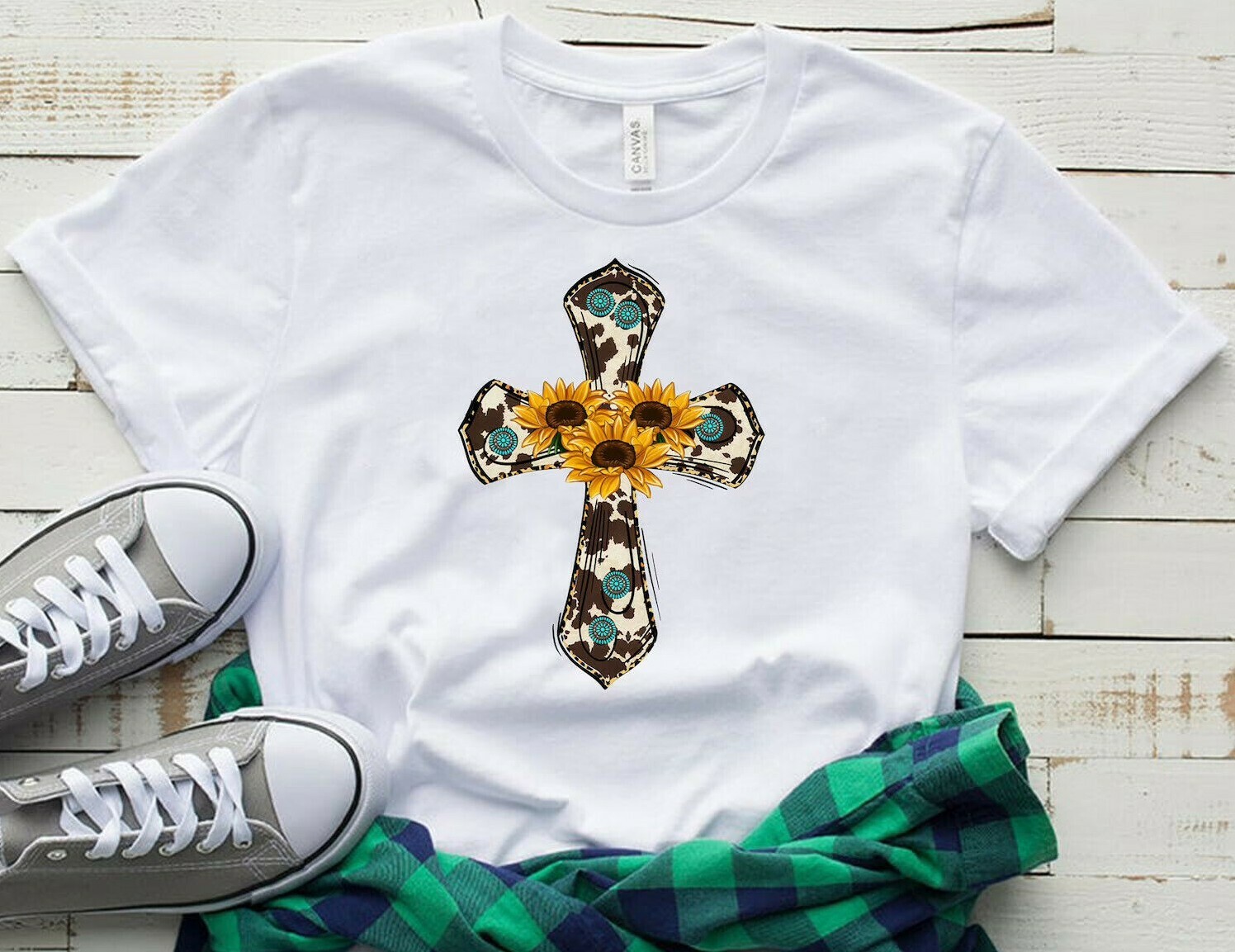 NEW! Cowhide Cross Turquoise Sunflower Jesus Faith Christianity T-shirts S-3XL