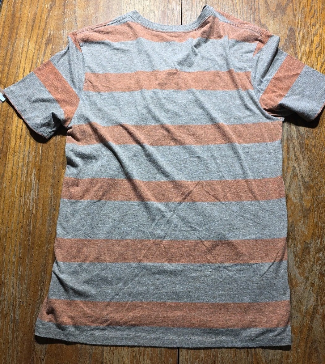 Mens Vurt V Neck T Shirt Large Y2K Grunge Skate Stripped Brown Orange