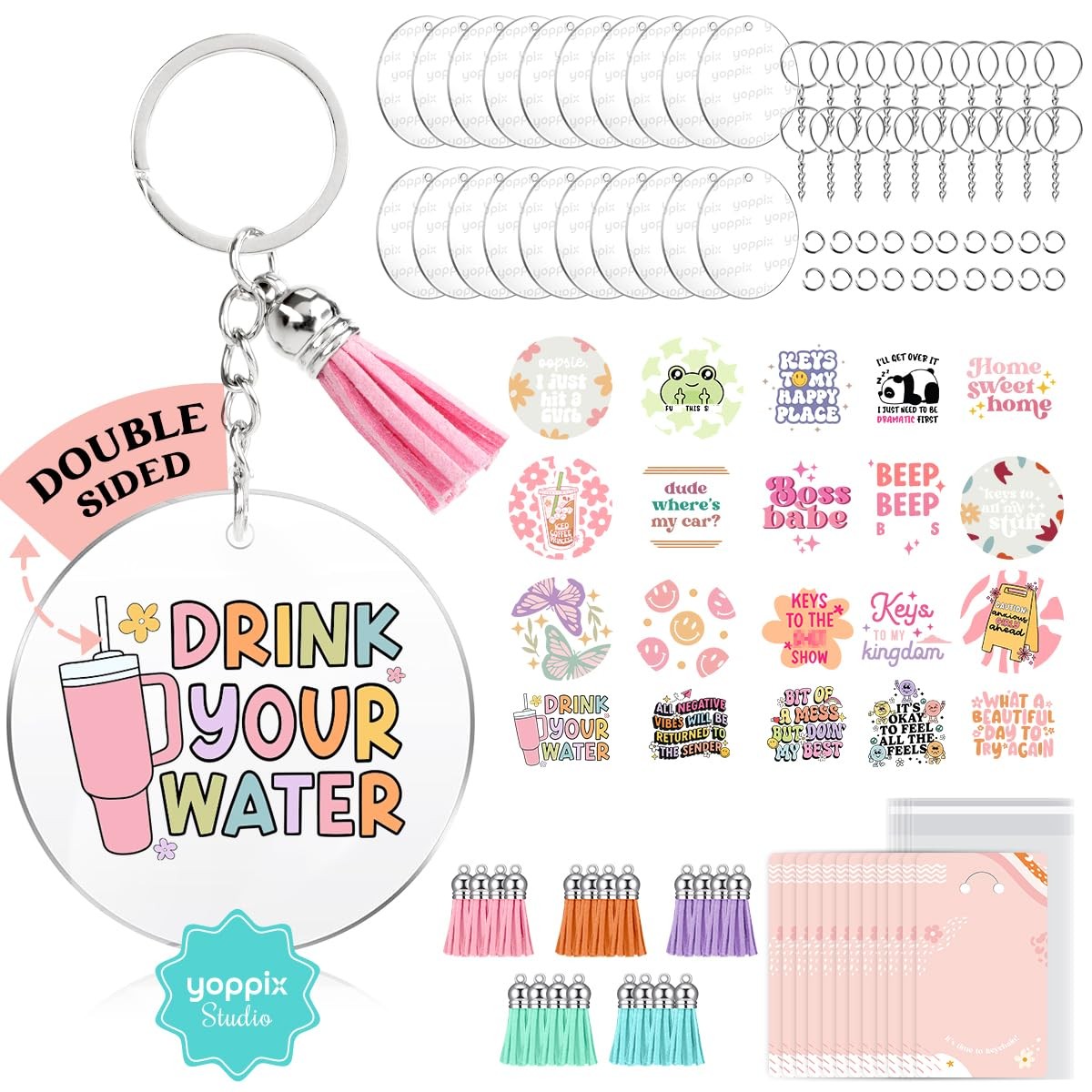 140 PCS Acrylic Keychain Blank Set, Funny Double-Sided UV DTF Stickers Acryli…