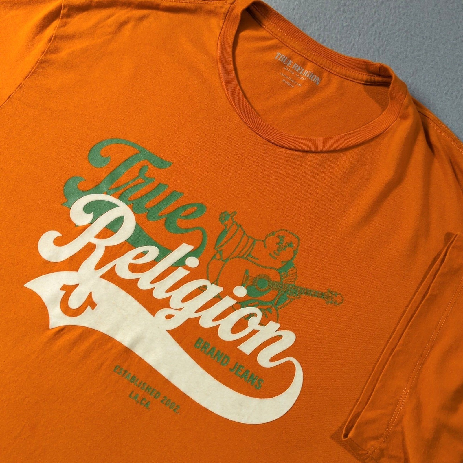 True Religion Mens Orange Graphic T Shirt Buddha Guitar Size 2XL Relaxed Fit