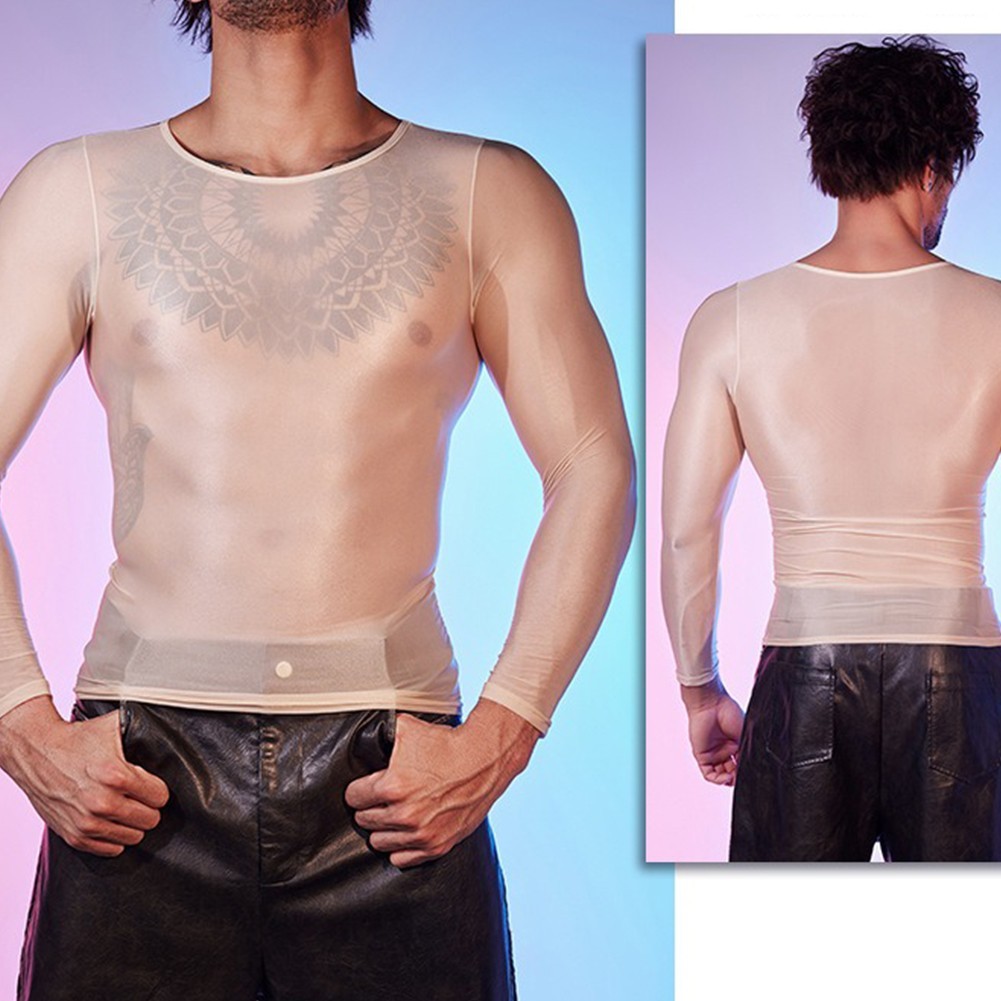 Sexy Lingerie Men&rsquo;s Oil Shiny Long Sleeve Sheer Tights O Neck Top Shirt
