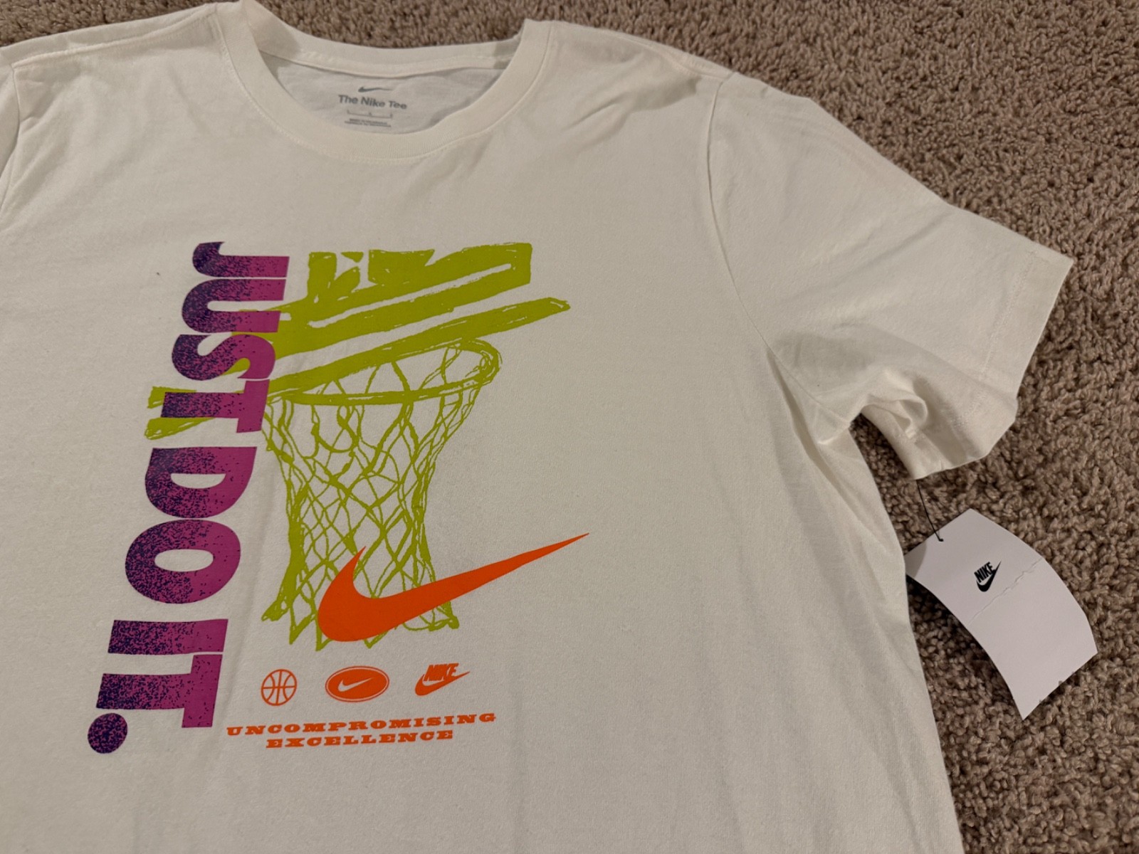 Nike Air white volt green orange purple swoosh Just Do It basketball t shirt L