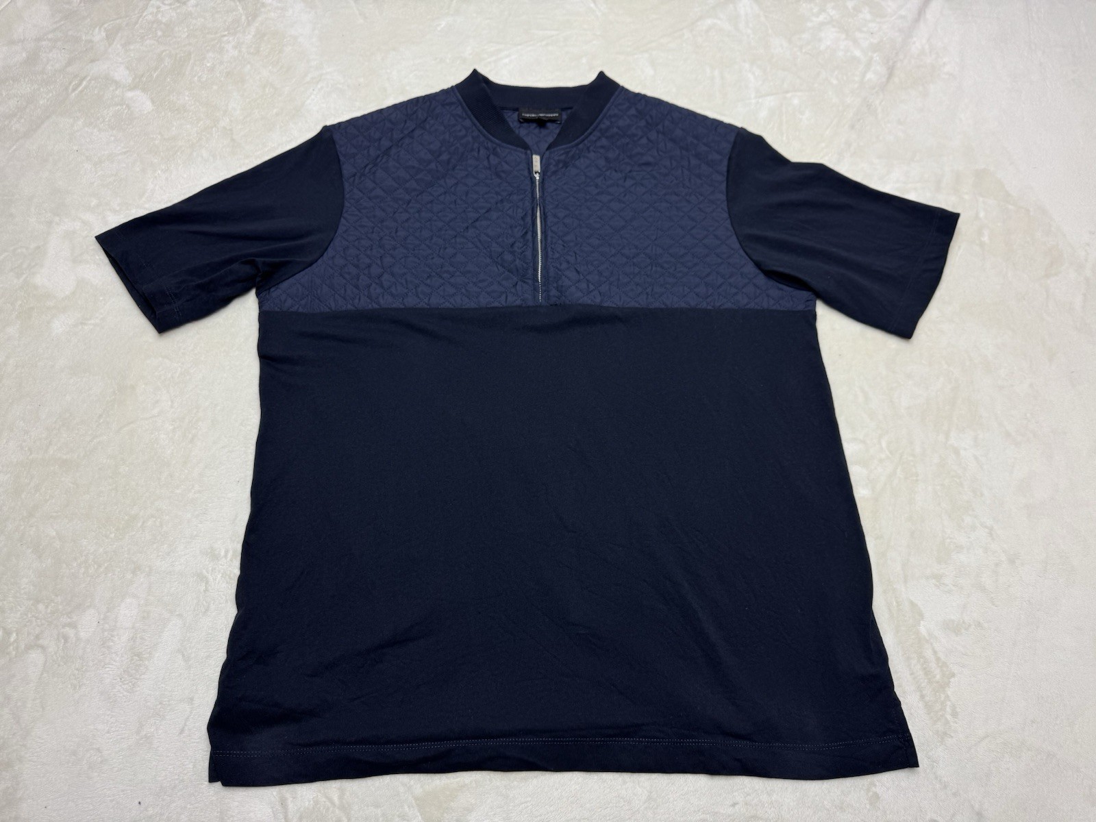 Emporio Armani Shirt Mens Large Navy Blue Quarter Zip Quilted Designer Italy
