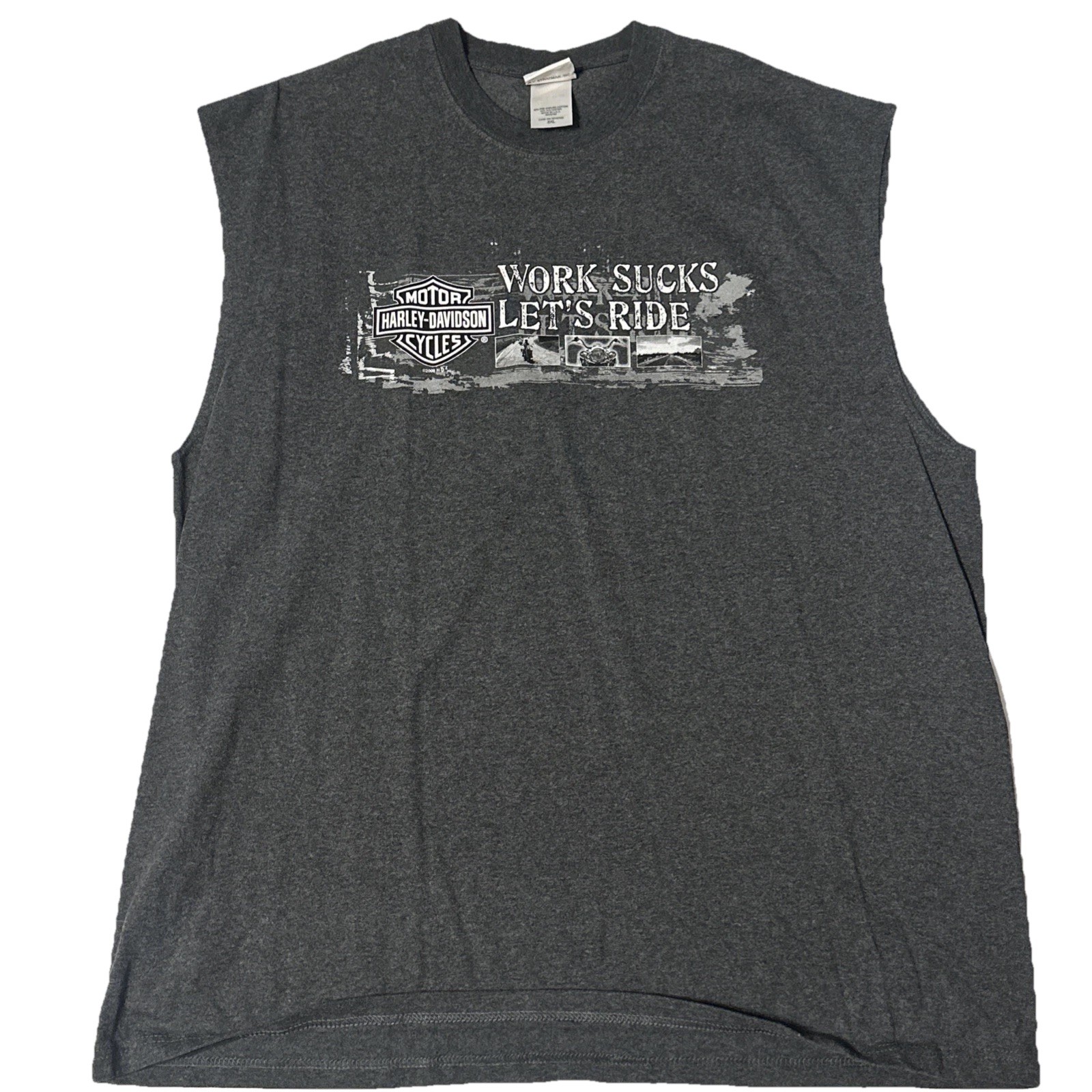 VTG Harley Davidson Cycles Mens Sleeveless T Shirt Work Sucks Let’s Ride 2XL