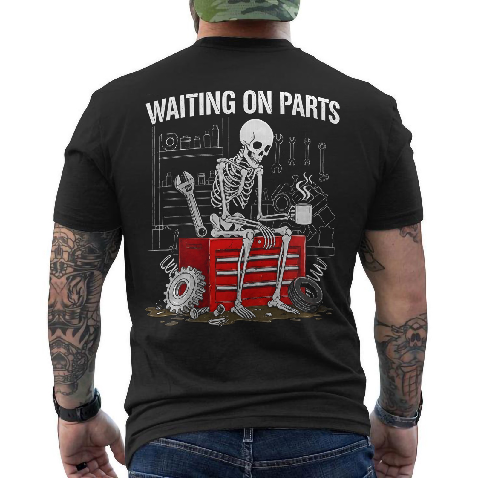 Funny Waiting On Parts Mechanic Skeleton Auto Repair Life ON BACK T-Shirt