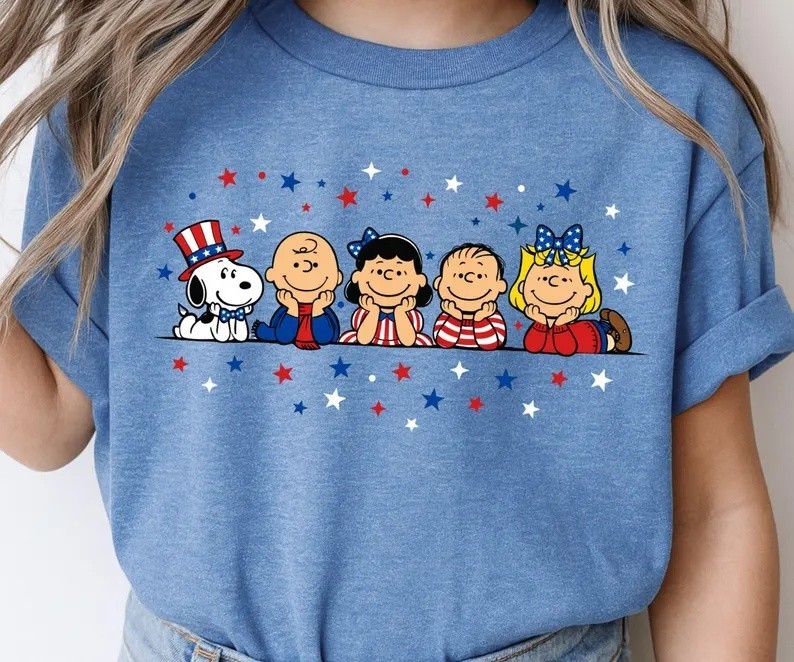 Peanuts Snoopy 4th of July USA Heather Blue Patriotic Adults Tee T shirt