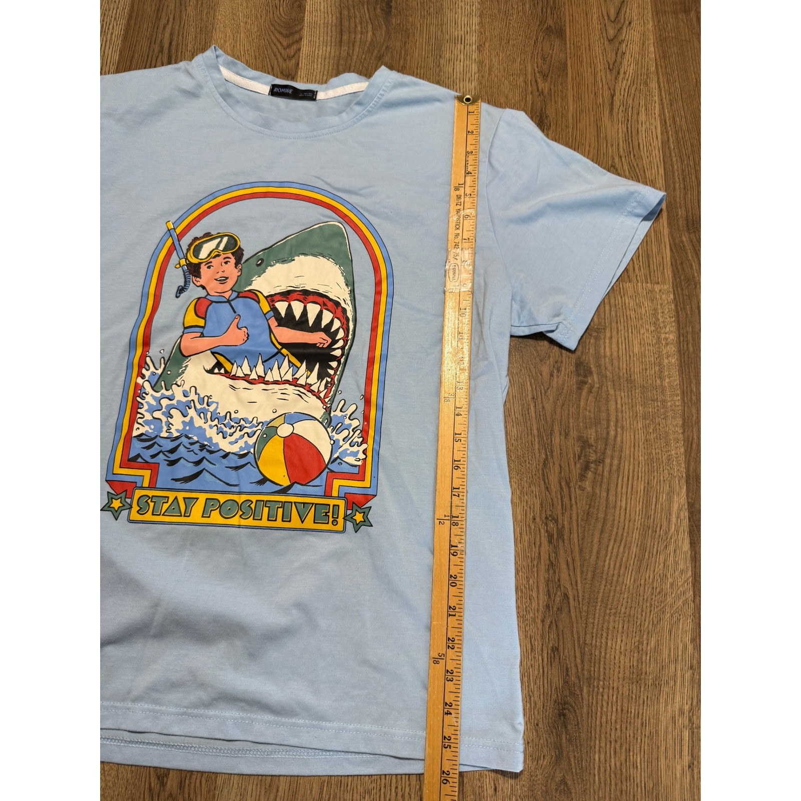 Romwe Mens Stay Positive Shark Graphic Tee Blue Short Sleeve T-Shirt Size L