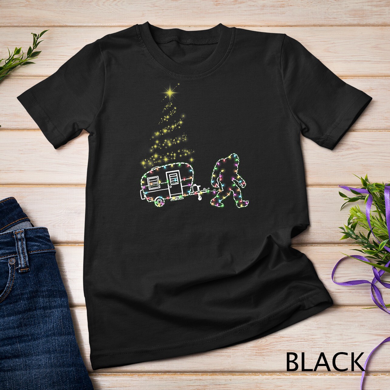 Bigfoot Camping Trailer Christmas Light Camper Xmas T-Shirt Unisex T-shirt