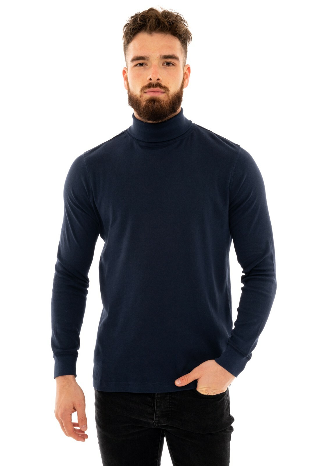 Mens Roll Neck Cotton Lightweight Jumper T-Shirt Turtle Funnel Long Sleeve Tops