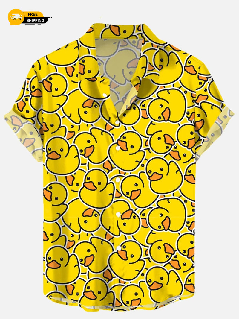 Mens Button Down Shirts Funny Cartoon Duck Printed Hawaiian Tops Novelty Gifts
