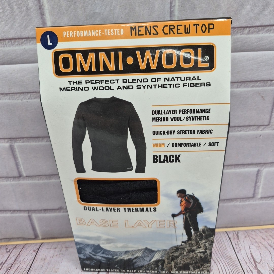 Omni Wool Men&rsquo;s Black Base Layer Zip Long Sleeve Top Shirt Thermal Size Lrg NIB