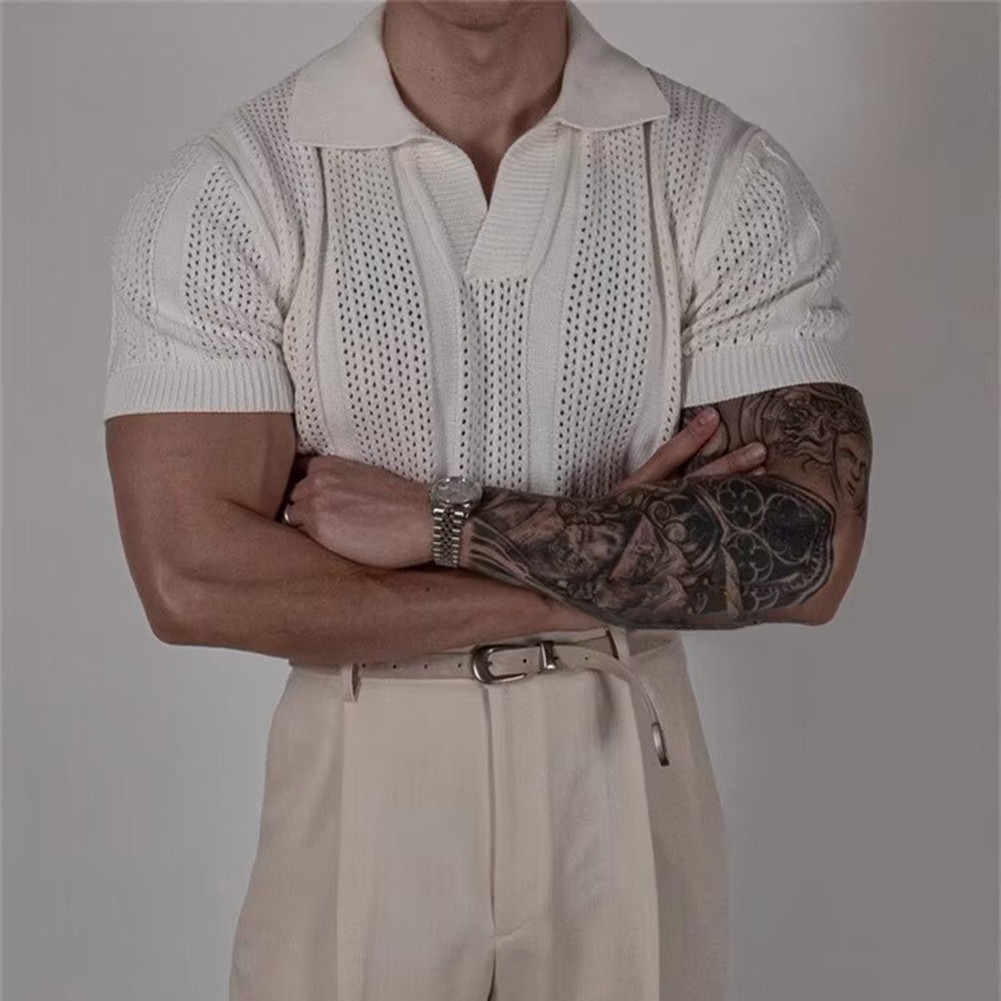 Men Hollow Lapel T Shirt Knitted Texture Fabric Korean Style for Daily Outings