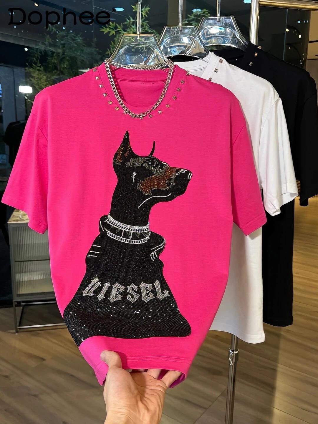 New Men Fashion Diamond Dog Rhinestones Luxury T-Shirt High Quality 3 Colors