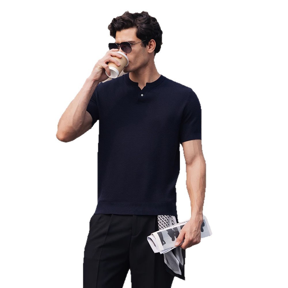 Henry Collar Short-Sleeved Knitted Sweater Men Breathable Summer Fashion