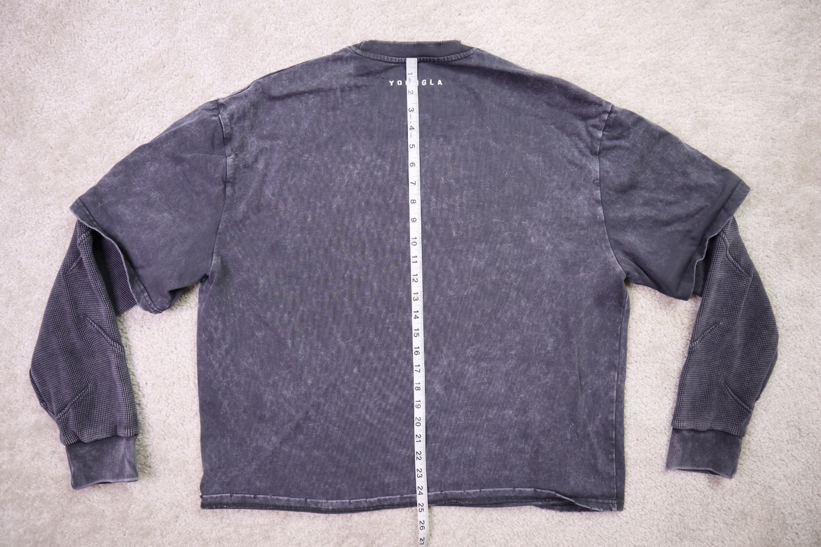 Youngla Shirt Mens Large Shadow Twofer Longsleeves Charcoal Wash Cotton