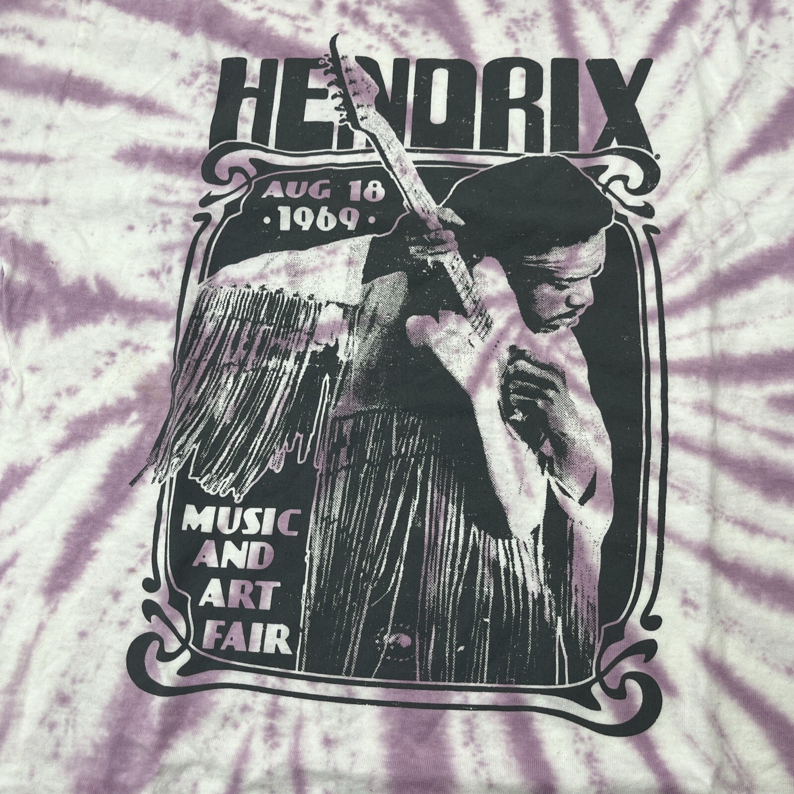 Jimi Hendrix Aug 18 1969 Music and Art Fair size Medium T shirt Tye Dye Purple