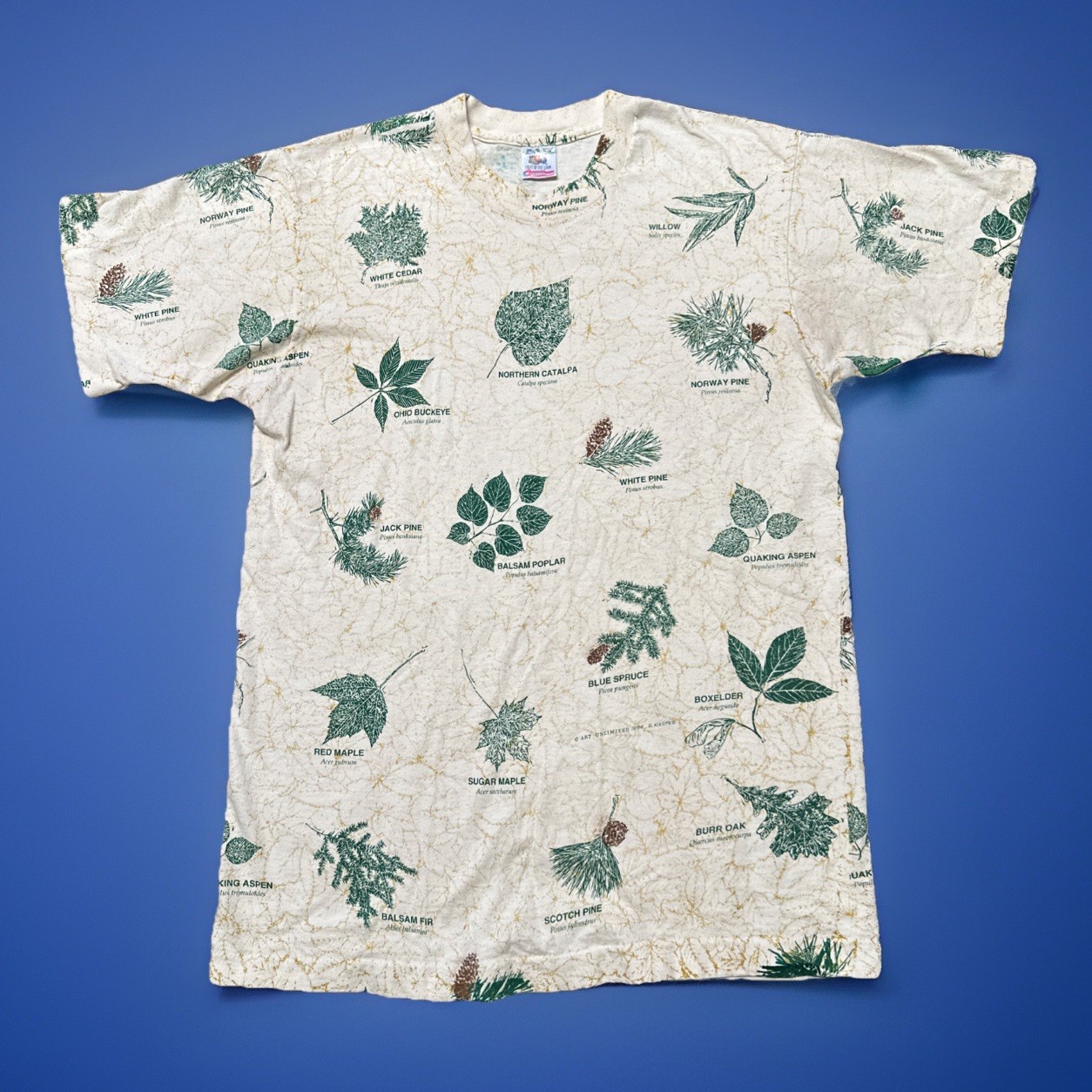 VTG Single Stitch Shirt Fruit Of The Loom Mens Medium White Botanical Plants AOP