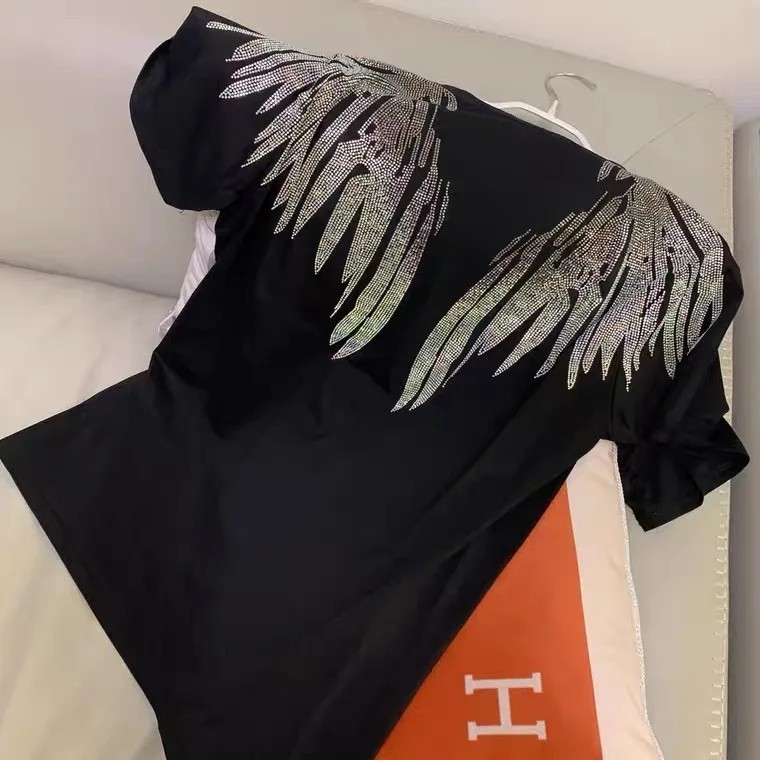 Fashion Men Trend Wings Drills Rhinestone Diamond Summer Luxury Cotton T-Shirt